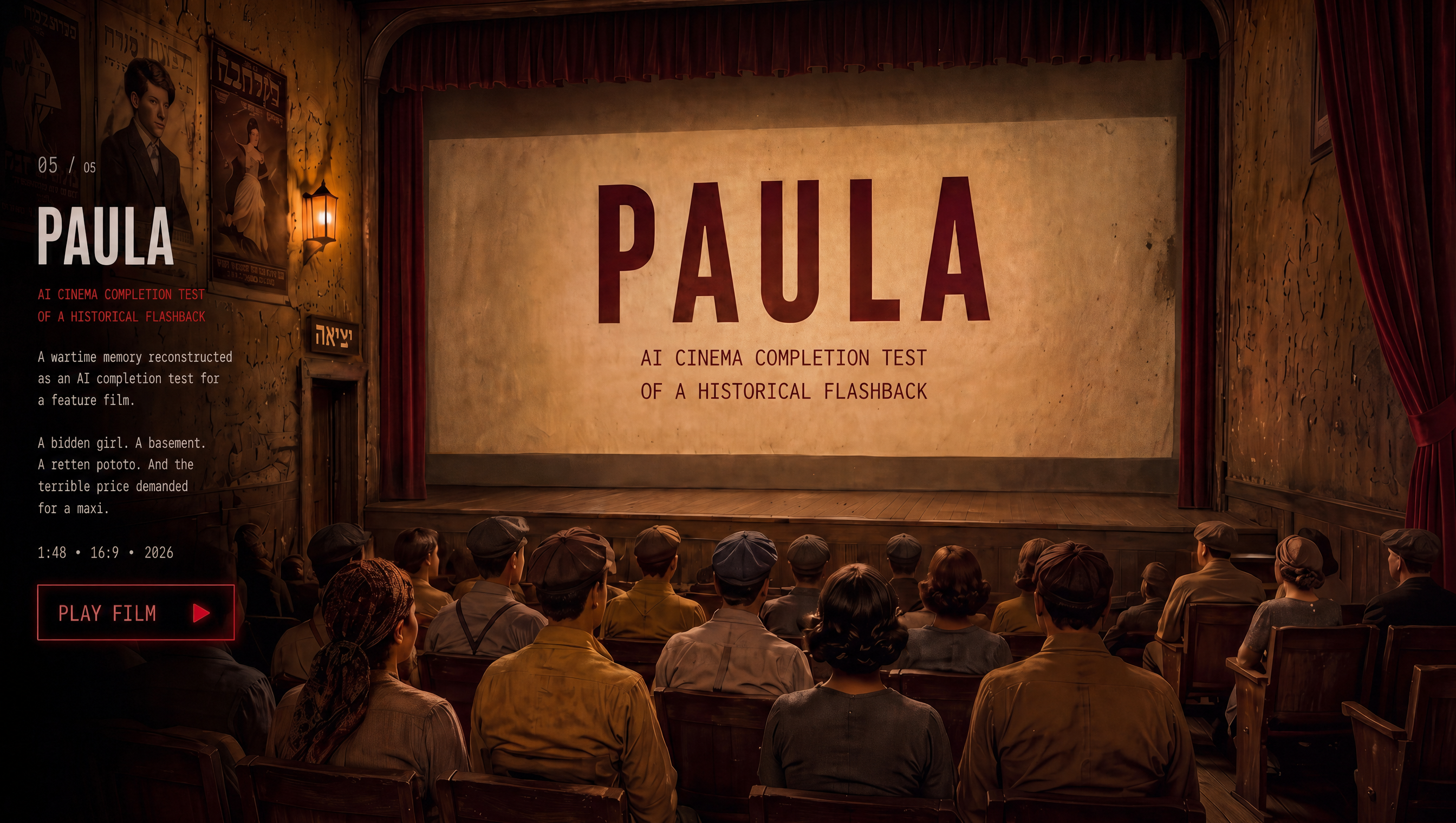 Paula displayed in an old cinema theater with an audience facing the screen